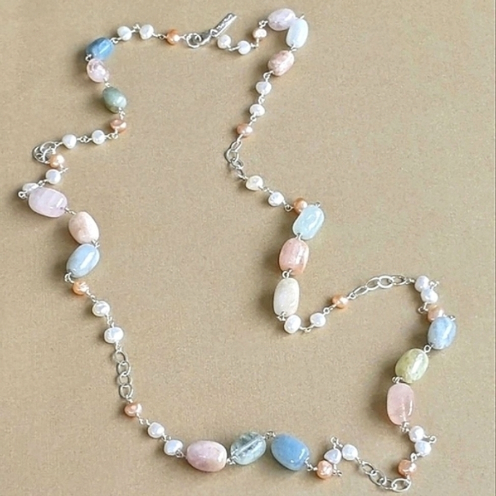 Vantel Pearls Sterling Silver Morganite and Freshwater Pearl Necklace